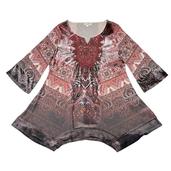 One World Tunic Top Medium‎ Red Blouse Boho Studded Embroidered Floral - Picture 1 of 10